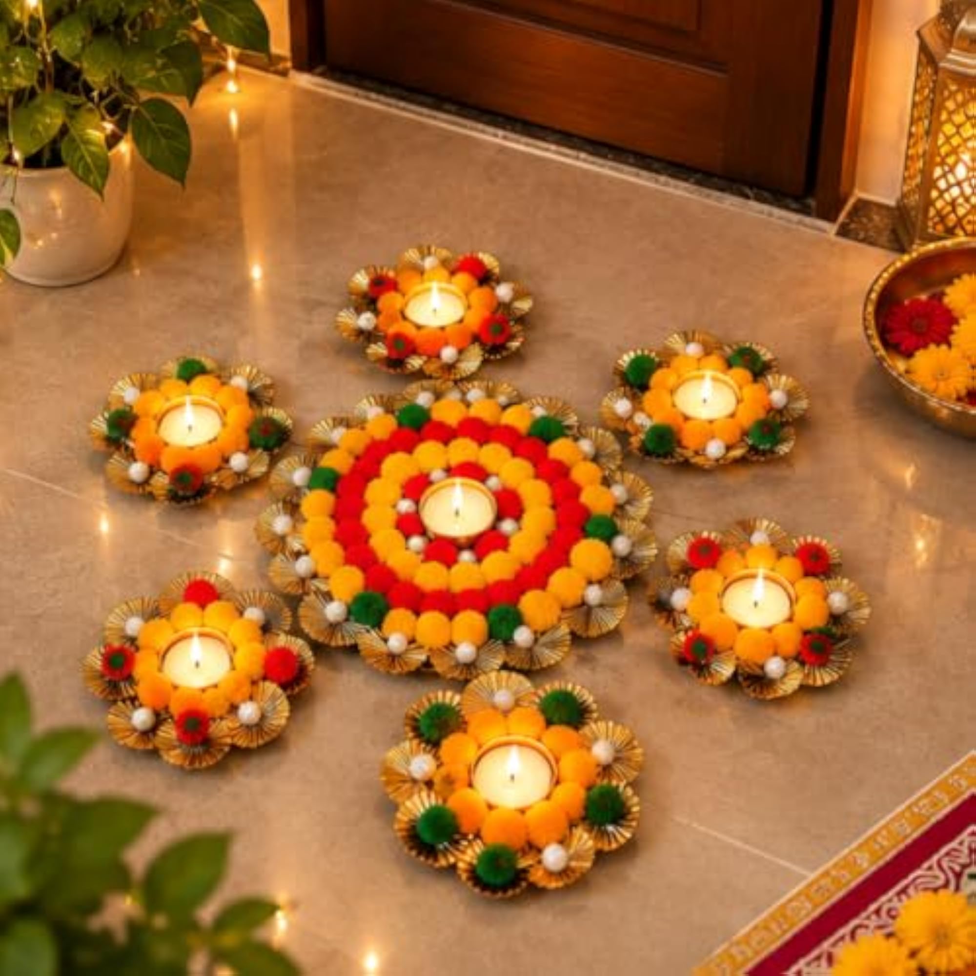 Set of 7 Rangoli for Diwali Decoration with Diya Holder