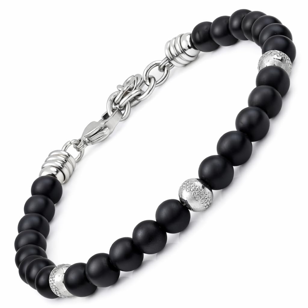 10:10 Jewels Bransoletka męska i damska z 0,64 cm naturalnymi czarnymi kamieniami, bransoletka męska lub damska z diamentowymi koralikami ze stali nierdzewnej i bardzo wytrzymała, wyprodukowana we