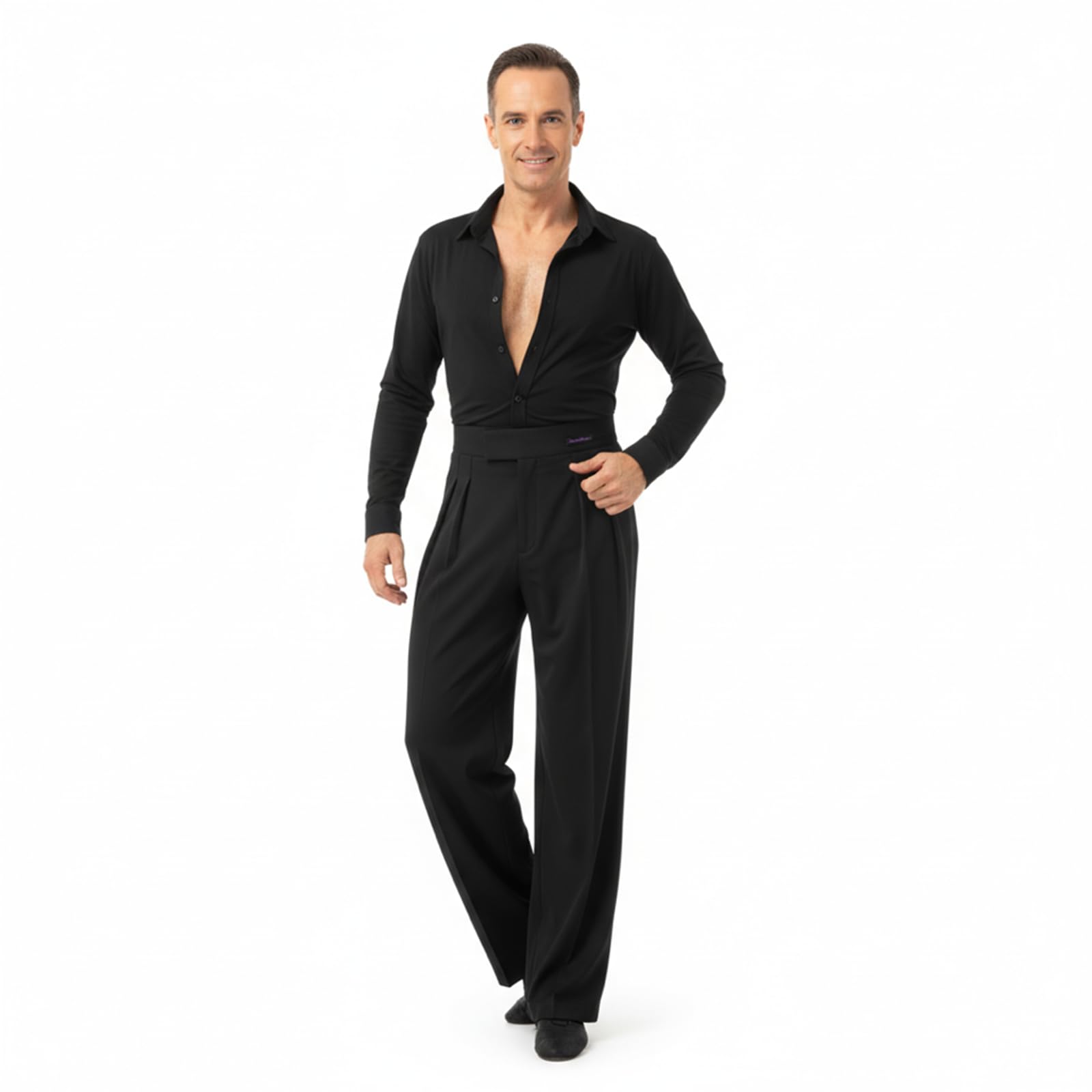 Camicia Body Chicago Slim Fit Uomo per Ballo da sala e Danza Standard e Latino Americano, Maniche Lunghe, Collo Rigido con Stecche, Tessuto Tecnico Traspirante, Bianco e Nero