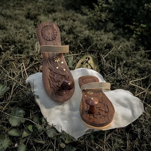 Image of Khadau Chappal for Men | Wooden Charan Paduka for Puja, Wearable Wooden Chappal Eco-Friendly (Rosewood) (9UK, Strap-WEAR)