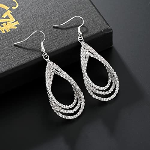 Silver Rhinestone Dangle Earrings Teardrop Statement Drop Earrings Sparkly Silver Prom Bridal Earrings Wedding Jewelry #TOP4