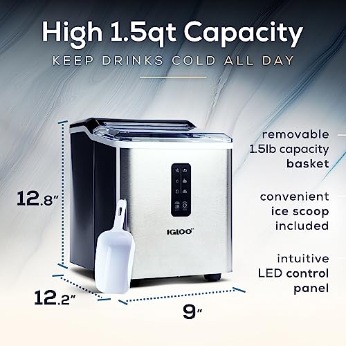 Igloo Automatic Ice Maker, Self-Cleaning, Countertop Size, 26 lbs in 24 Hours, 9 Large or Small Ice Cubes in 7 Minutes, LED Control Panel, Scoop Included, Great for Water Bottles, Stainless Steel