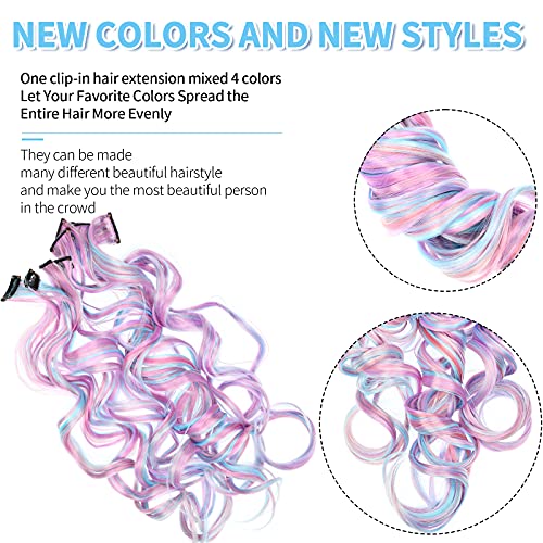 Lykoow 40 Pcs Colored Clip In Hair Extension For Women Girls Kids, 26 Inch Unicorn Color Hair Heat-Resistant Curly Hairpieces For Women, Cosplay Party Highlights(White/Pink/Light Blue/Light Purple) #TOP4