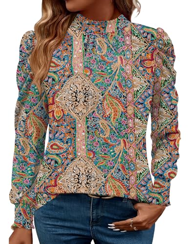 Image of LUYAA Puff Long Sleeve Shirts for Women Tops Dressy Casual Frill Mock Neck Smocked Cuffs Blouses