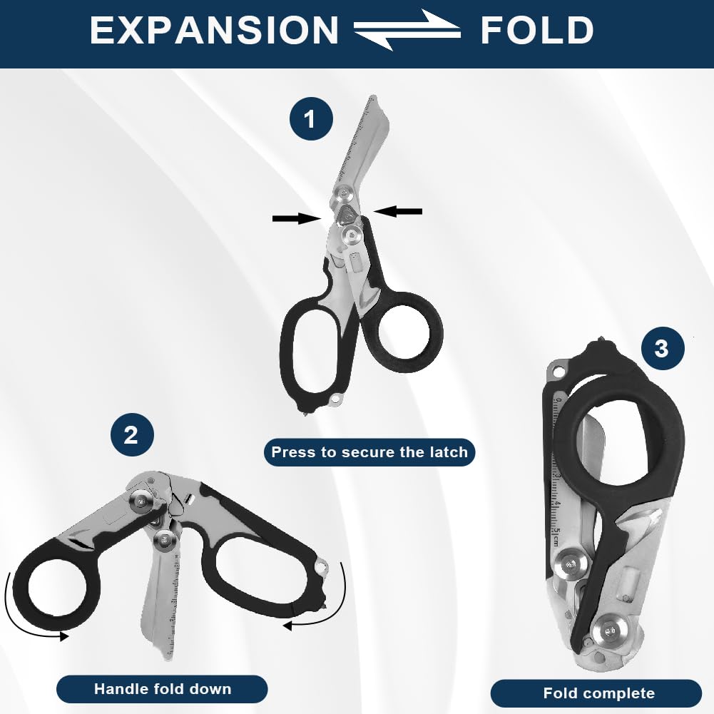 Trauma Schere Multitool, Rettungsschere mit 6 Praktischen Funktionen, Faltbare Schere aus Edelstahl, Gurtschneider, Glasbrecher, Raptor Response Notfallschere