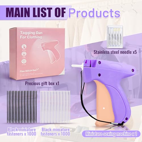 Image of Stitch Gun for Clothes - Handheld Stitch Gun Quick Clothing Fixer - Tagging Gun for Clothing, Sewing Kit-Includes 6 Needle, 1000 Black Fasteners & 1000 White Fasteners (Purple Pink)