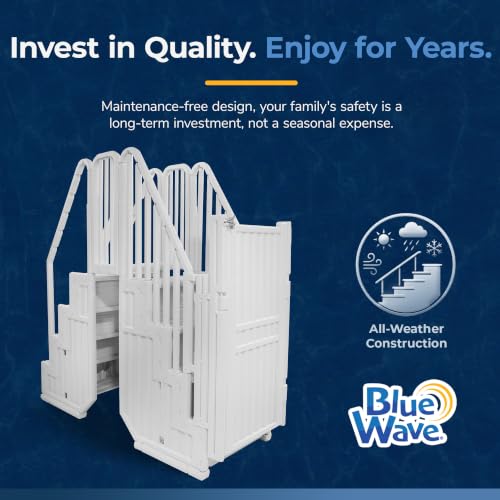 Image of Blue Wave Above Ground Pool Steps with Gate and Bridge - Heavy Duty Stairs with Dual Handrails, 350-lb Capacity - Freestanding for 48 to 54 Inch Deep Pools, No Deck Required
