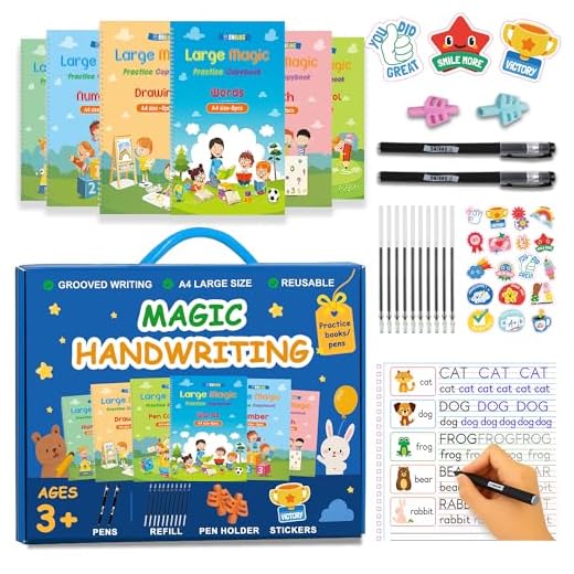 Monking 4Pc Large Magic Practice Copybook for Kids,Handwriting Practice Book 4 Pack with Pen Refill English Cursive Calligraphy Reusable Age 3-8 ，11.4x8.3Inch (4pc+2 pen)