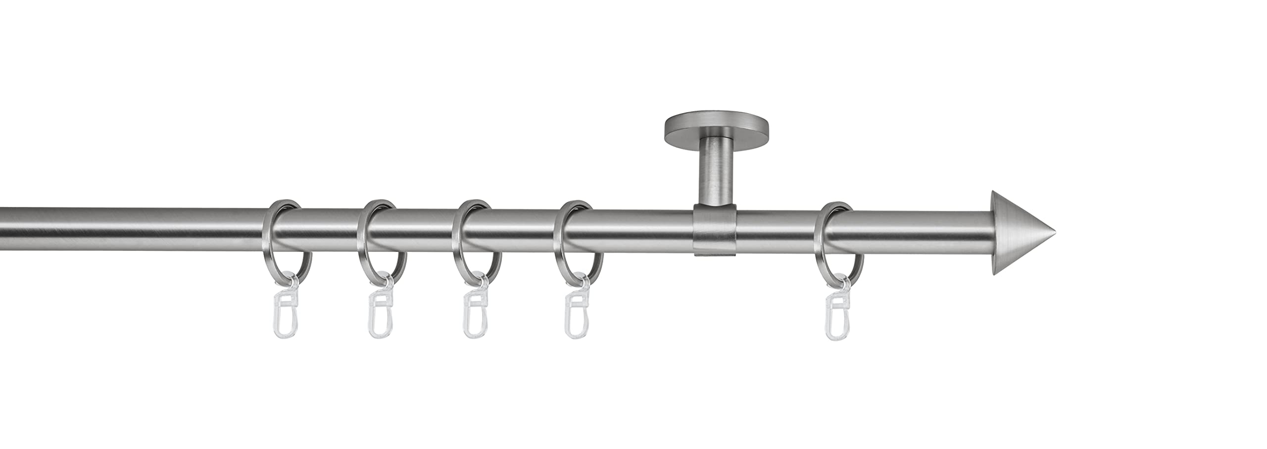 Gardinenstange auf Maß 20mm Spitze 1-lauf Vorhangstange Deckenträger 4cm Stilgarnitur mit Ringen für Vorhänge 130cm Edelstahl-Optik