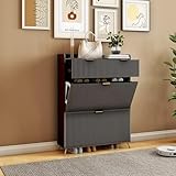 Espace de Rangement Spacieux et Polyvalent: Ce meuble propose 3 niveaux : 2 tiroirs rabattables inférieurs (jusqu’à 12 paires de chaussures) + 2 plateau caché supérieur (idéal pour clés, bijoux ou livres). Adapté à votre entrée, couloir ou dressing.