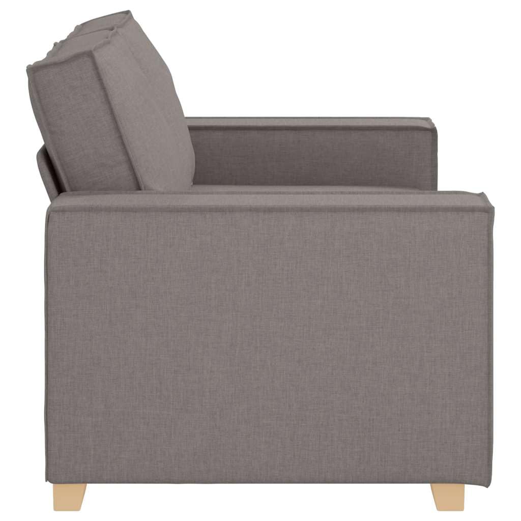 Sofa 2-osobowa w kolorze szarobrązowym (taupe), obicie z poliestru, drewniana rama metalowa, szerokie podłokietniki do salonu, wytrzymała i wygodna