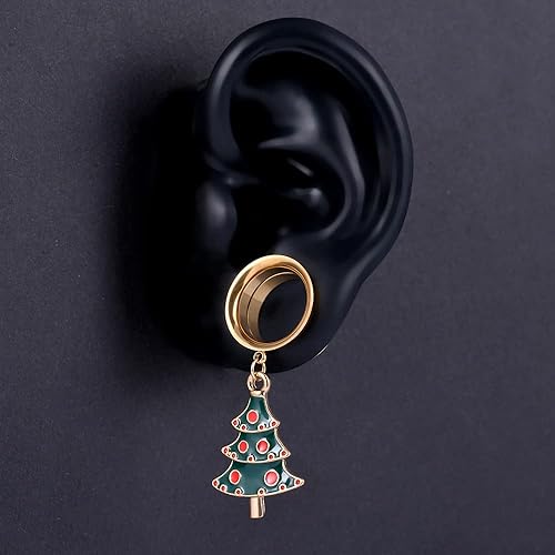 Miniatura 3 de Christmas Tree Gold Dangle Ear Gauges Double Flared Plugs Tunnels Stainless Steel Screw Back Earrings Santa Claus Gauge 2g to 1"