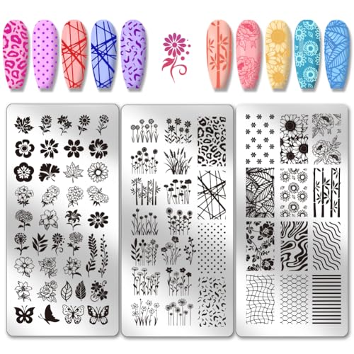 PH PandaHall 3pcs Flower Nail Stamp Template Flower with Foliage Nail Art Plate Stainless Steel Flowers Pattern for Nail Design Print Manicure Salon