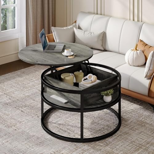 YITAHOME Couchtisch Rund mit Hebeplatte, Wohnzimmertisch mit verstecktem Ablagefach, Beistelltisch Rund mit Stauraum für Home Office, Runder Mitteltische Wohnzimmer – Bild 8