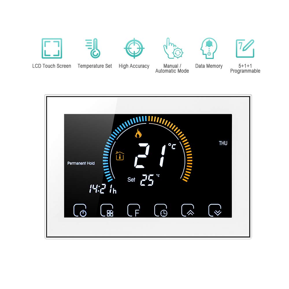 Kavolet Termostato WiFi Programmable per Caldaia Acqua/Gas LCD 5A | Smart thermostat con controllo vocale,display umidità/UV,Backlight LCD,APP remoto,con funzione di blocco del display