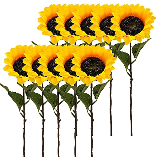 Aisamco 10 Stück künstliche Sonnenblumen, künstliche Blumen mit 1 Blüten und 2 Blättern, 45 cm lang, künstliche Blume, künstliche Pflanze für Zuhause, Hochzeitsfeier, Dekoration Cover