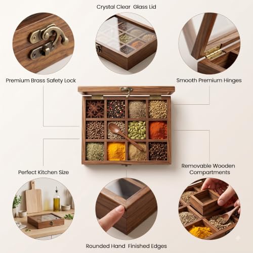 Image of Wooden Spice Box for Kitchen | Sheesham Wood Masala Dabba with 12 Containers | Spice Organizer with Glass Lid, Safety Lock & Wooden Spoon | Masala Dani /Namak Dani Storage Box for Home & Kitchen