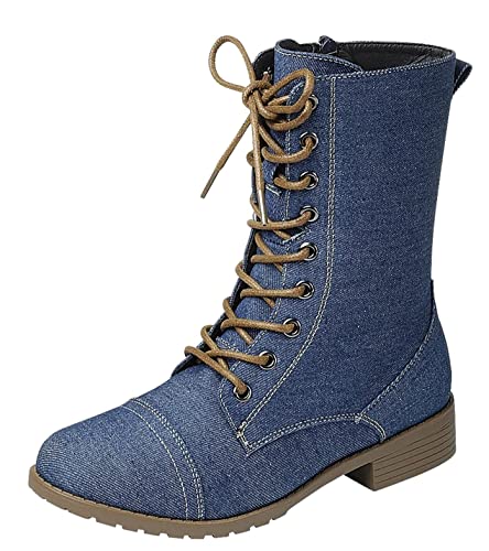 Forever Link Womens Round Toe Military Lace up Knit Ankle Cuff Low Heel Combat Boots, Jallen-88 Dk. Blue Denim 7.5