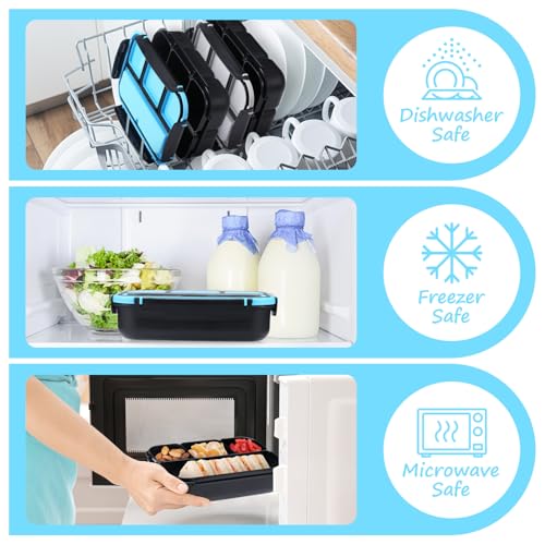 Image of QQKO Bento Box for Kids Adults, School Toddler Lunch Box for Boys Girls, Lunch Box Containers with 4 Compartments, Sauce Container, Utensils, Food Picks and Muffin Cups for School, Black Blue