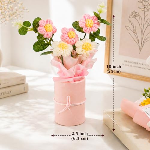 Image of Art Street Handmade Crochet Flower Bouquet with Decorative Paper Pot | Artificial Knitted Flowers with Green Leaves & Ribbon for Home Decor, Birthday, Anniversary (Pink & White)