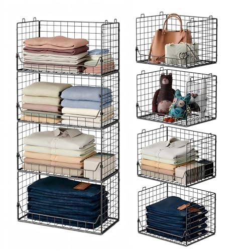 Jakyitvi 4-Tier Extra Height Stackable Closet Organizer – Foldable Storage Bins for Sweaters, Jeans, and Clothes – Sturdy Iron Mesh Shelves for Neat and Efficient Closet Storage – Black