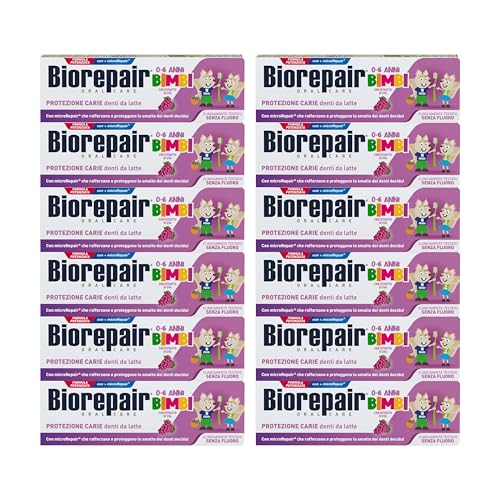 Biorepair Bimbi, Dentifricio Protezione Carie, Bambini 0-6 Anni, Con Estratto di Uva, Con MicroRepair, Clinicamente Testato, Senza Fluoro e Coloranti,12x50ml