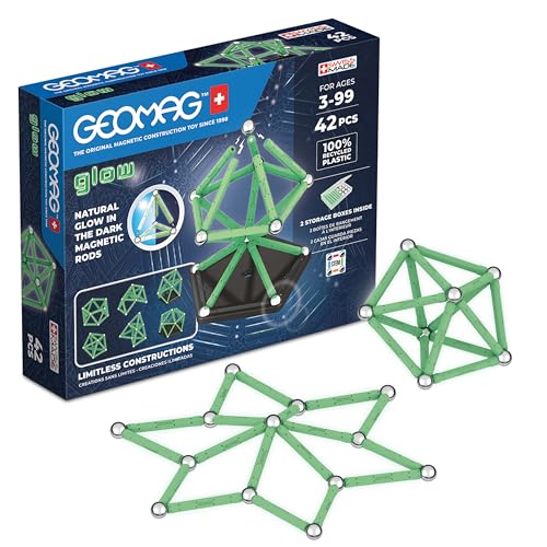 Geomag, Glow Recycled, Construcciones Magnéticas Efecto Glow, Barras que Brillan en la Oscuridad, Paquete de 42 Piezas, Plástico 100% Reciclado