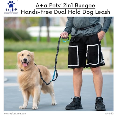 Image of A+a Pets' 2in1 Bungee Hands-Free Dual Hold Dog Leash | Waist Body Elastic Leash for Running | Adjustable Lightweight Nylon Waterproof Multi-Function Belt Lead (Black)