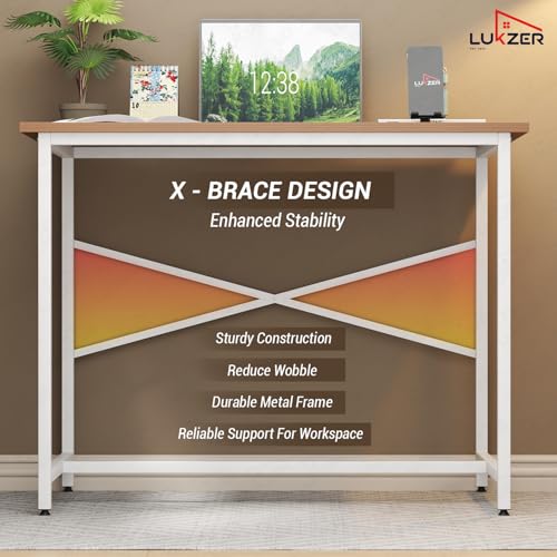 Image of Lukzer Metal & Engineered Wood Study Table for Home & Office | MST-008 /White & Oak Brown | Laptop & Computer Workstation Desk | Sturdy Writing Table for Students & WFH | Spacious Tabletop (90x60x75cm)