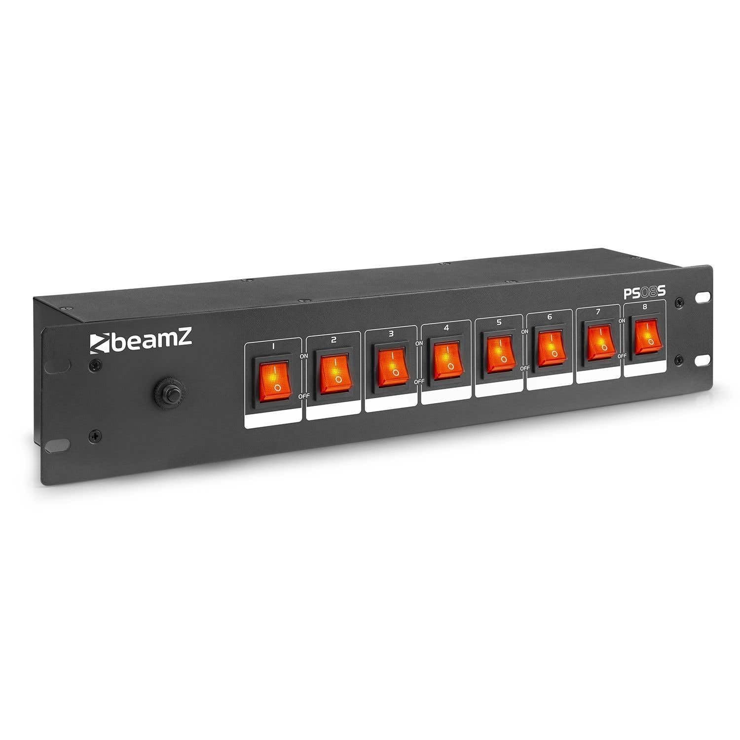 BeamZ PS08S - Dispatching Sono Répartiteur 8 Prises Schuko, avec Interrupteurs Éclairés, Montage Rack 19'', Disjoncteur 15A, Idéal pour le Contrôle des Soirées/Évènements