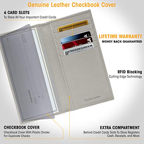 Genuine Leather Checkbook Cover For Women & Men - Checkbook Holder Check Book Covers For Duplicate Checks Card Wallet RFID
