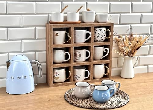 Image of Hamdan Collection Wall Mounted Mug Shelf - Coffee Cup Storage - Kitchen Wall Rack - Floating Cup Organizer - Rustic Coffee Bar Shelf (SQ 9 Compartment)