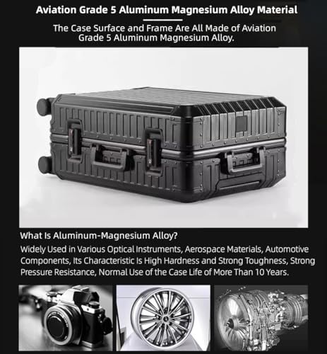 All Aluminum Magnesium Alloy Carry on Luggage with Wheels, Hard Shell All Metal Luggage Airline Approved Checked Carry on Suitcase, Hardside Suitcase Rolling Case for Business Travel (Black, 26 inch)3