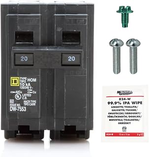 Genuine Square D HOM220 Circuit Breaker Kit Bundle (1 Pack), 20 Amp (20A) Double Pole, 120/240V, 10kAIC, UL Listed, Plug-On for Homeline Load Centers & Panel Box, New Replacement