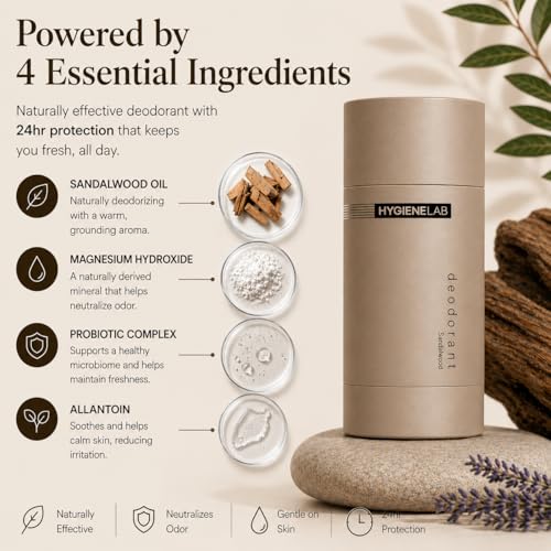Image of HygieneLab Men's Aluminum-Free Deodorant, EWG Verified, Sandalwood | 2.7 oz, Smooth Glide Application with Essential Oils for a Clean, Fresh Feel