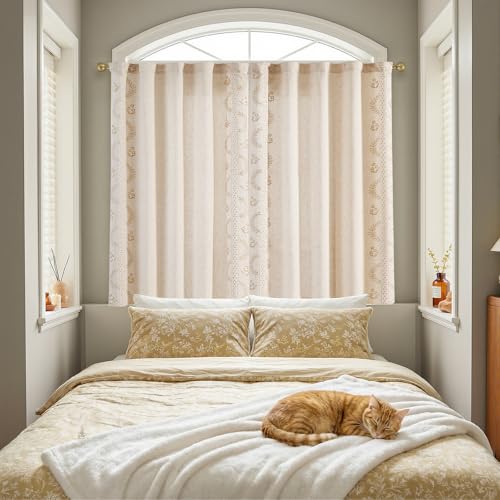 Image of jinchan Beige Floral Linen Kitchen Tier Curtains 50x54 Inch 2 Panels