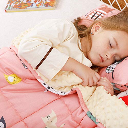 BUZIO Weighted Blanket Kids 1.3 kg, Weighted Blanket for Children Great for Calming and Sleeping Ultra Cozy Fleece Dotted and Cotton Sided with Cartoon Patterns, 90x120 cm, Pink Cat