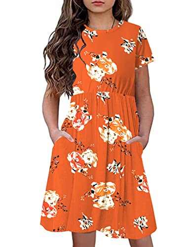 KYMIDY Girls Short Sleeve Floral Dress Kids Boho Casual Twirly Skater Dress with Pockets for Girls 6-13 Years2