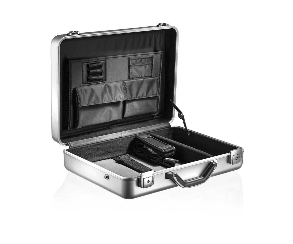 Aluminium Aktentasche, CW-021, mit Deckeleinsatz & Trennwand-Set, Attachékoffer, Aktenkoffer aus Aluminium, Alu-Koffer, Demonstrationskoffer, Schutzkoffer, Silber, 44,2 × 32,2 × 11 cm