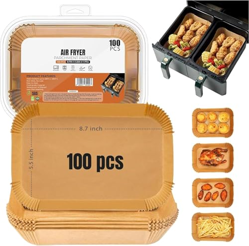Roe Tenpo Air Fryer Liners Disposable 5.5 Inch 100pcs Rectangular, Non-Stick Baking Parchment Paper Liners, Compatible with Ninja, Tower and Other Dual Zone Air Fryers (5.5 Inch 100pcs Rectangle)