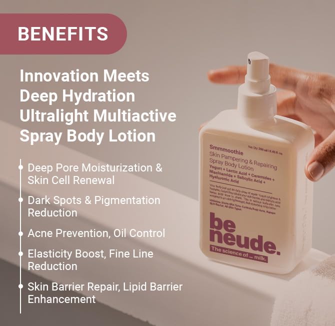 Image of Be Neude Body Lotion with Ceramide, Lactic Acid, Niacinamide & Hyaluronic Acid for Deep Hydration, Barrier Repair & Dark Spot Reduction, Ultralight, Non-Sticky Body Lotion Smmmoothie, 250ml