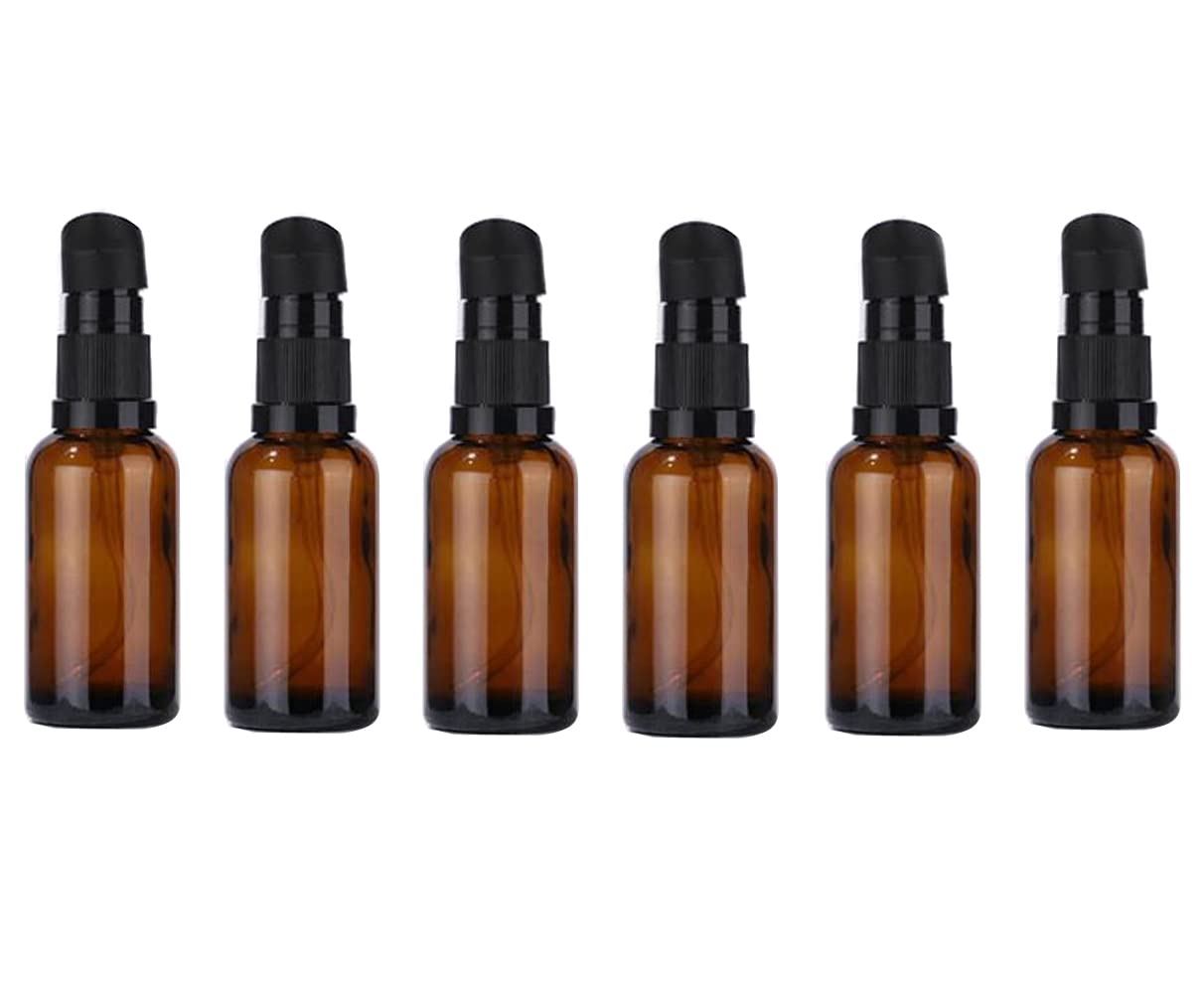 6Pcs 1Oz 30Ml Empty Refillable Amber Glass Pump Press Bottles Jars Makeup Face Cream Facial Cleanser Toiletries Toner Liquid Travel Containers for Makeup Lotion Emulsion Serum