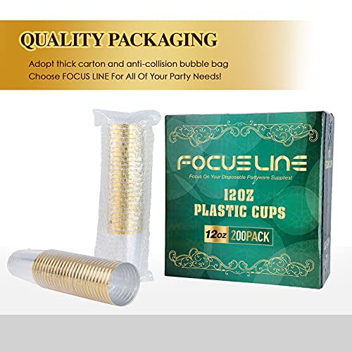 Focusline 200 Pack 12 Oz Gold Rimmed Plastic Cups, Clear Plastic Cups Tumblers, Heavy-Duty & Fancy Disposable Hard Plastic Cups With Gold Rim For Wedding Cups Elegant Party Cups #TOP6