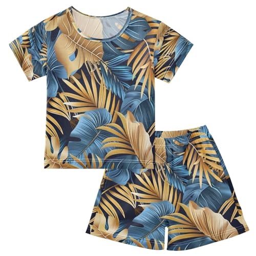 senya Short Sleeve Pajamas Sets Summer Cotton Sleepwear Golden Blue Leaves