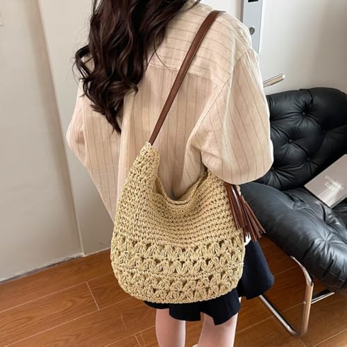 Women's Straw Woven Tote Bags Boho Handmade Crochet Wicker Hobo Shoulder Purse Summer Beach Travel Vacation Handbags3