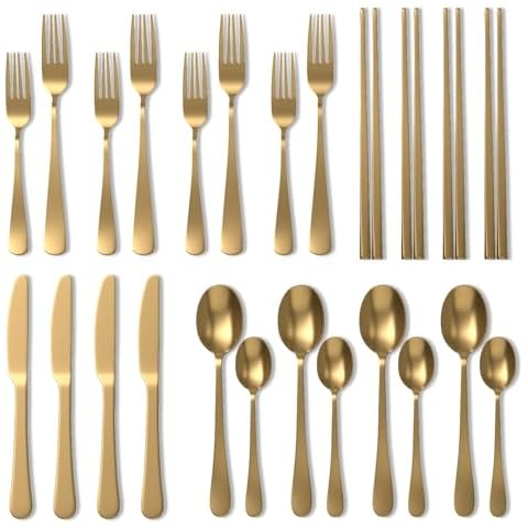 Homwoody Upgraded 18/8 Stainless Steel 28-Piece Flatware Cutlery Set(Gold)-Silverware set for 4-Luxurious Home Kitchen Dinnerware Sets-Great Kitchen Accessories-Perfect House Warming/Christmas Gift Cover