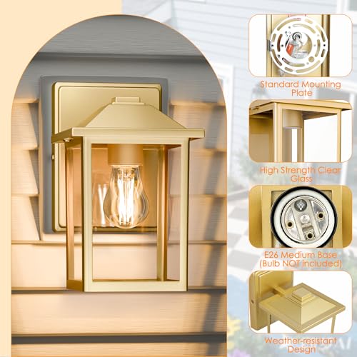 Image of Outdoor Wall Light Fixture, Exterior Waterproof Porch Lighting | Gold Patio Wall Lantern, Anti-Rust, Clear Glass, E26 Socket, Wall Mount Sconce Lighting, Outside Front Door Light Entryway