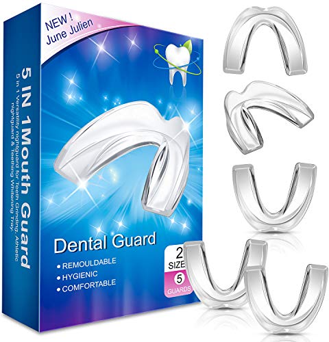 June Julien Mouth guard for Grinding Teeth, 2 Sizes, 5 Pieces Mouthguard, Customizable and Trimmable Medical Grade Mouth guard for Grinding Teeth Clenching Bruxism, Sport Athletic.