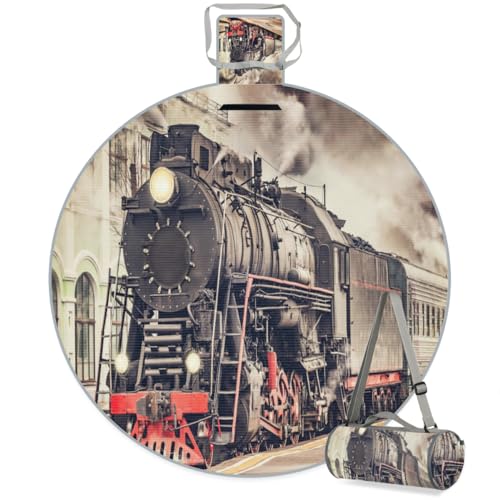 Shimoshe Vintage Express Steam Train Picnic Outdoor Blanket Foldable Waterproof Sandproof Beach Blanket Portable Water-Resistant Round Picnic Mat for Travel Camping Park Lawn