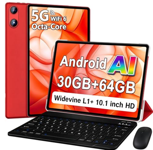 UJJ Android Tablet with Keyboard 30GB+64GB+1TB, Tablet 10 Inch Octa-Core Electronics Tablets, Gemini AI, 6000mAh, HD IPS Display, 5G WiFi, Widevine L1, Split Screen - Red - image 1